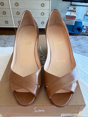 Christian Louboutin Light Brown Leather Peep-Toe Cross-Vamp Wedges